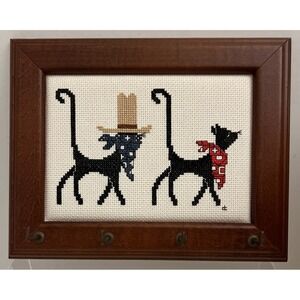 Western Duo Cat Cross Stitch Framed Key Holder Sassy Krazy Kat Design 4 Hooks